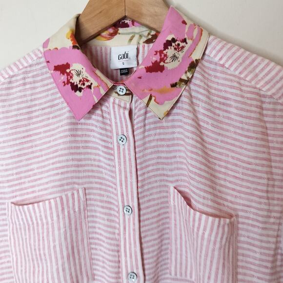 Cabi 6512 Merger Top Pink Stripe Floral Collar Button Up - Picture 8 of 11